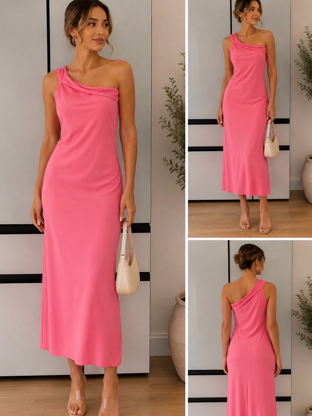 Meshki One-Shoulder Midi Dress in Bright Pink